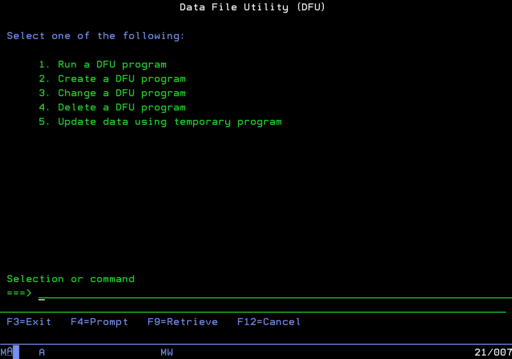 Hlavní nabídka programu DFU.