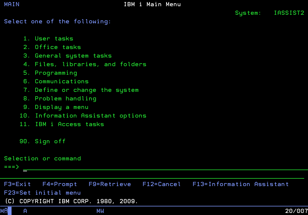 Hlavní menu operačního systému IBM i