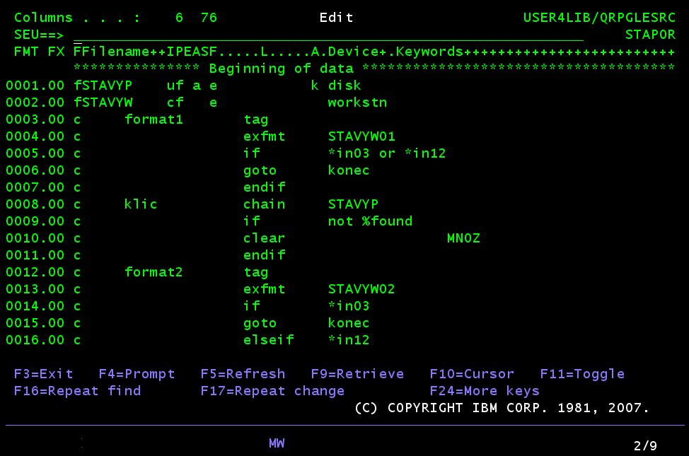 Ukázka zdrojového kódu ILE RPG programu v SEU