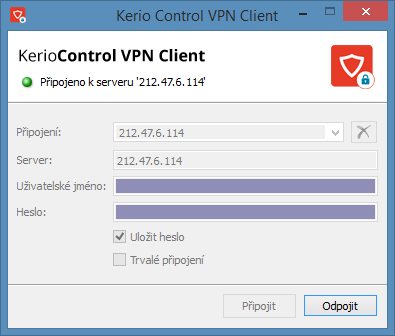 Kerio VPN Client po připojení